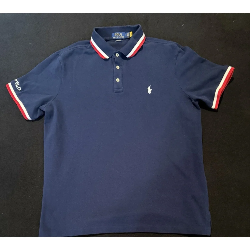 Polo Ralph Lauren Navy Slim Fit Polo Striped Embroidered Short Sleeve Mens Large